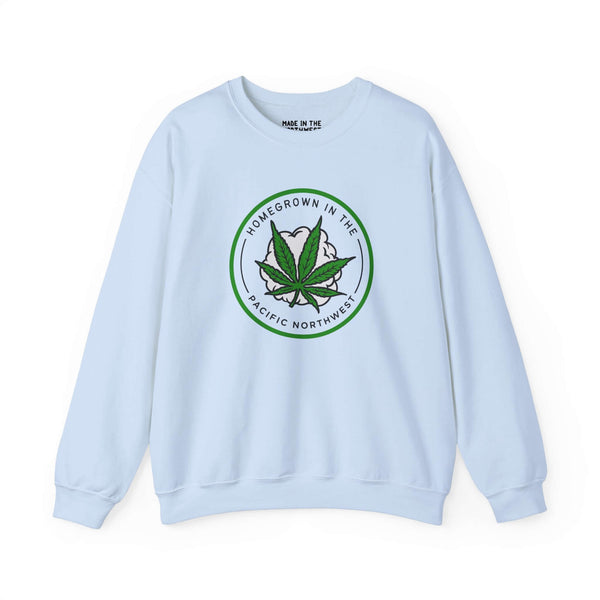Light blue sweatshirt with a marijuana leaf design and 'Homegrown in the Pacific Northwest' text.