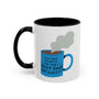 Glossy ceramic mug with blue steaming cup illustration and message, best dad on Earth mug.