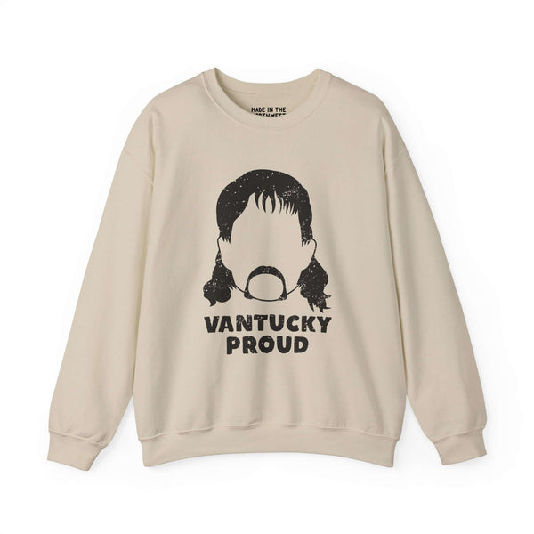 Beige "Vantucky Proud" sweatshirt featuring minimalist illustration of Rusty McCoy's head symbolizing resilience and strength.