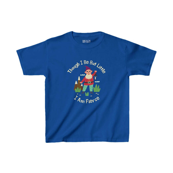 Blue kids' tee with gnome and "Though I Be Little, I Am Fierce" quote, inspired by Shakespeare, for adventurous children.