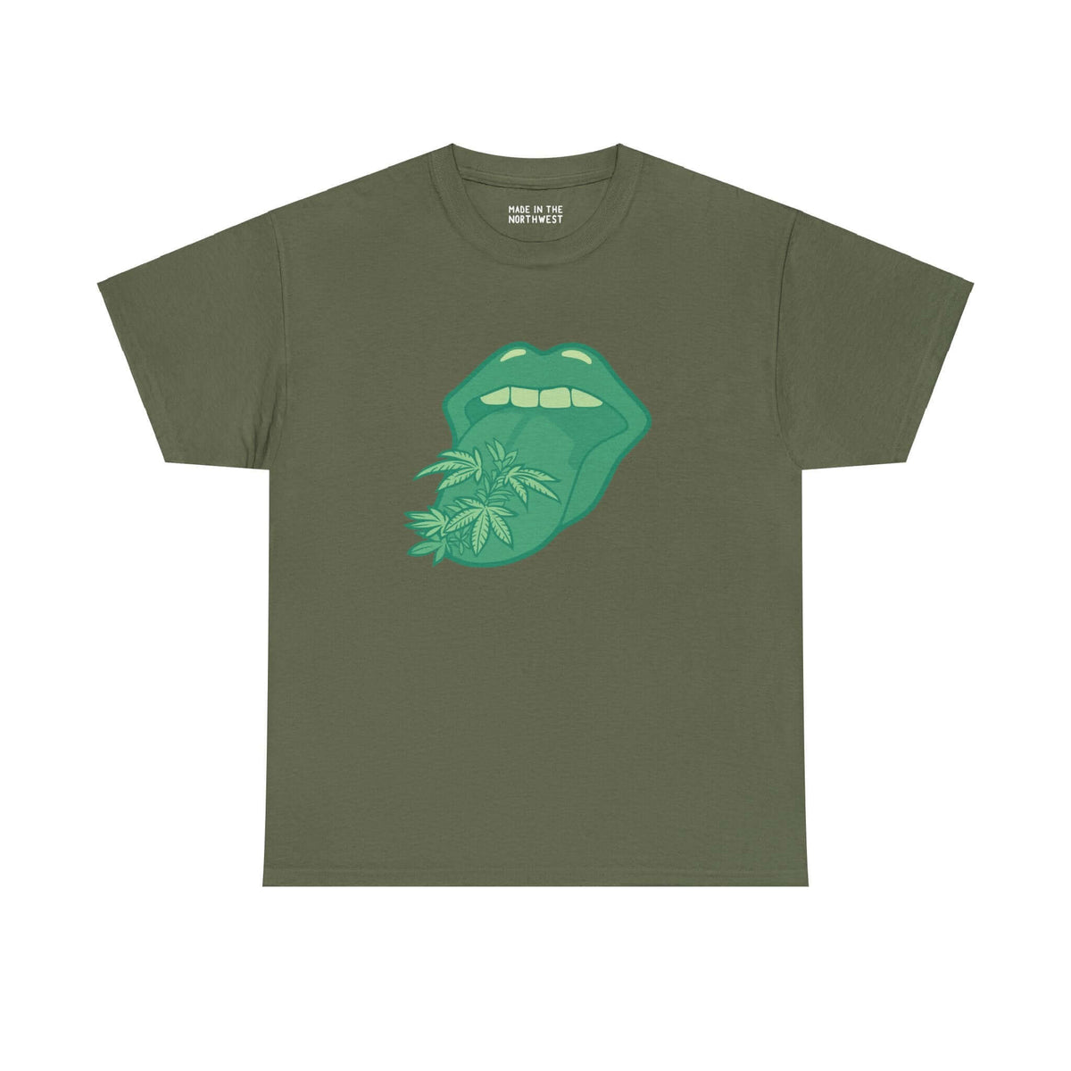 Green athletic tee with bold tongue and marijuana leaf design, Tongue Tied and Lifted edition, showcasing fun and unique style.