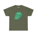 Green athletic tee with bold tongue and marijuana leaf design, Tongue Tied and Lifted edition, showcasing fun and unique style.