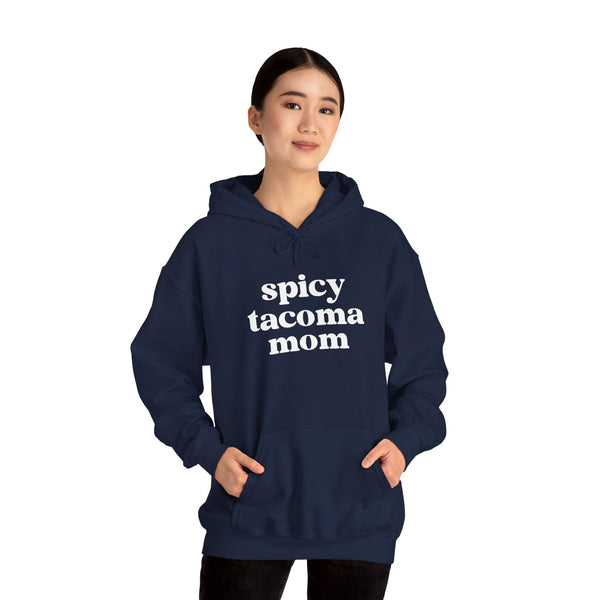 Spicy Tacoma Mom cozy hoodie in navy, perfect for stylish and confident Tacoma moms.