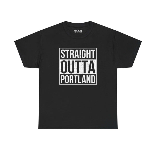 Black athletic tee with "Straight Outta Portland" graphic, showcasing local pride and streetwear style.