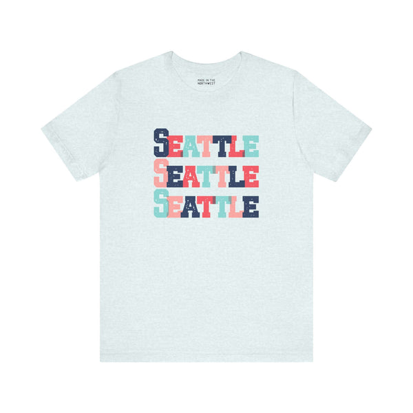 Bold and Bright Seattle Trio Soft Tee with colorful block-letter design for fans of the Emerald City.