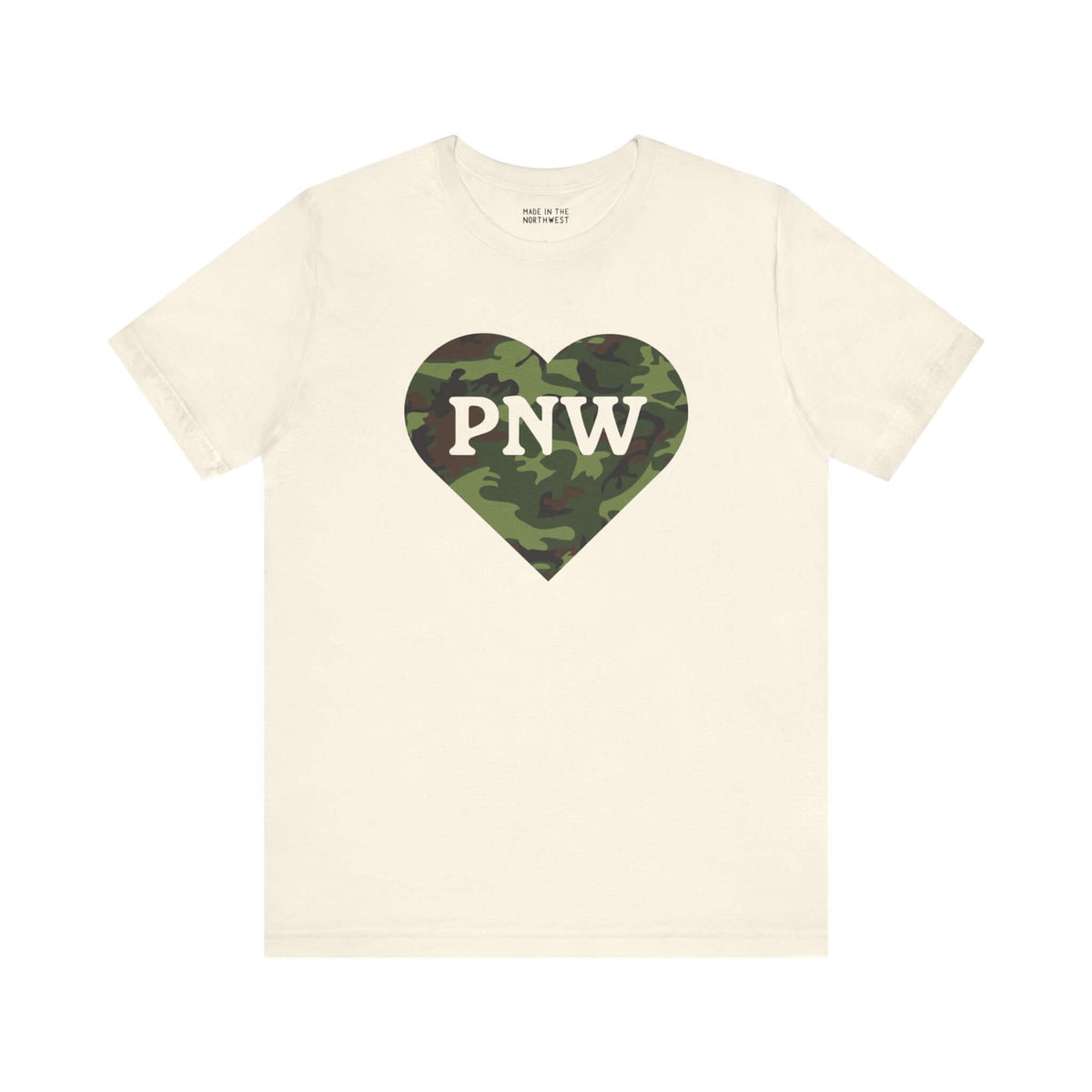 Camouflage PNW Heart Soft Tee showcasing Pacific Northwest pride with a camo heart design on a beige shirt.