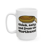 Thick and salty Northwest geoduck clam ceramic mug with humorous design for PNW locals and seafood lovers.