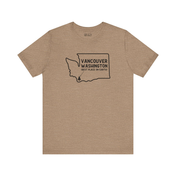 Vancouver Washington Premium Soft Tee featuring state outline and heart design, perfect for hometown pride.