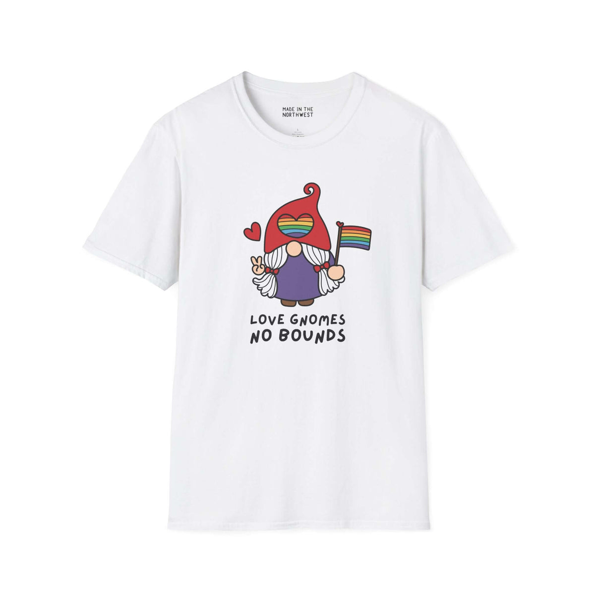 White t-shirt featuring a gnome with a rainbow flag and text 'Love Gnomes No Bounds', celebrating love and inclusivity.