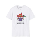 White t-shirt featuring a gnome with a rainbow flag and text 'Love Gnomes No Bounds', celebrating love and inclusivity.