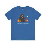 Blue tee with bear roasting marshmallows by campfire and 'Will Trade Wi-Fi for S'mores' text, perfect for outdoor lovers.