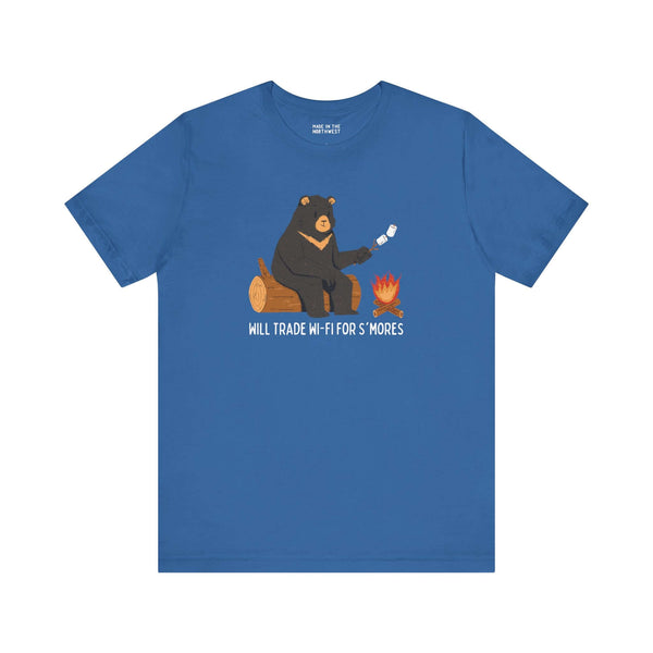 Blue tee with bear roasting marshmallows by campfire and 'Will Trade Wi-Fi for S'mores' text, perfect for outdoor lovers.