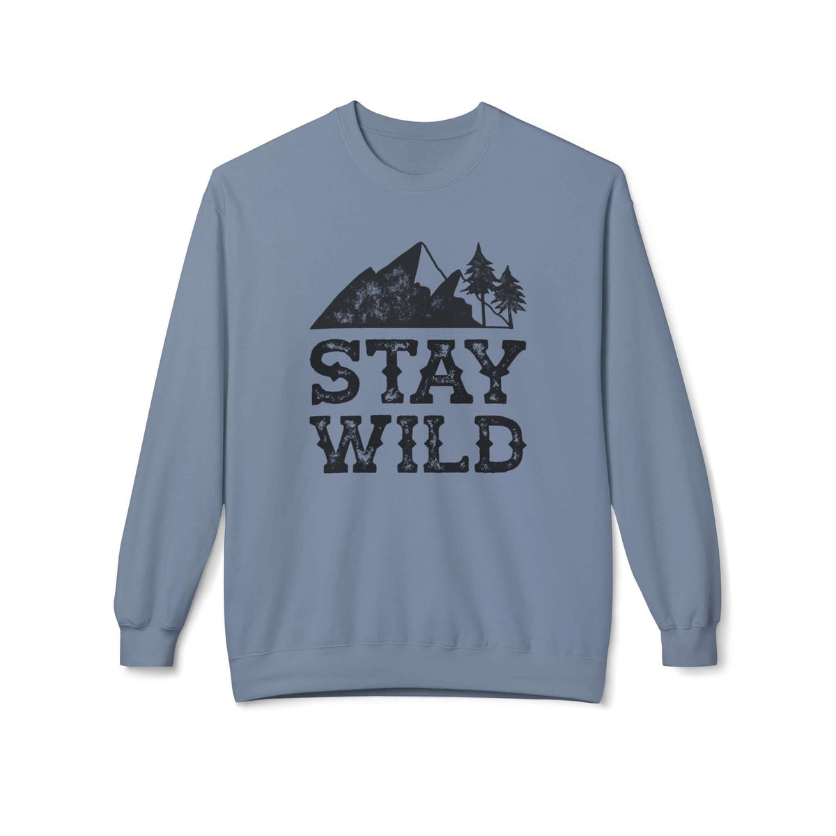 Stay Wild sweatshirt featuring a vintage mountain and trees graphic on a cozy blue crewneck.