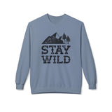 Stay Wild sweatshirt featuring a vintage mountain and trees graphic on a cozy blue crewneck.