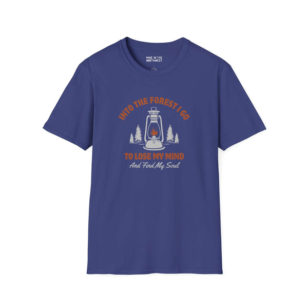 Navy blue t-shirt featuring the quote 'Into the Forest I Go to Lose My Mind and Find My Soul' with forest graphic.