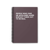 Spiral notebook featuring humorous text about Bigfoot and apologies from skeptics.
