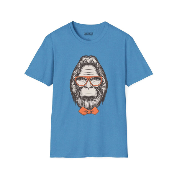Gentleman of the Woods Bigfoot T-Shirt with a well-groomed Sasquatch wearing glasses and a bowtie.