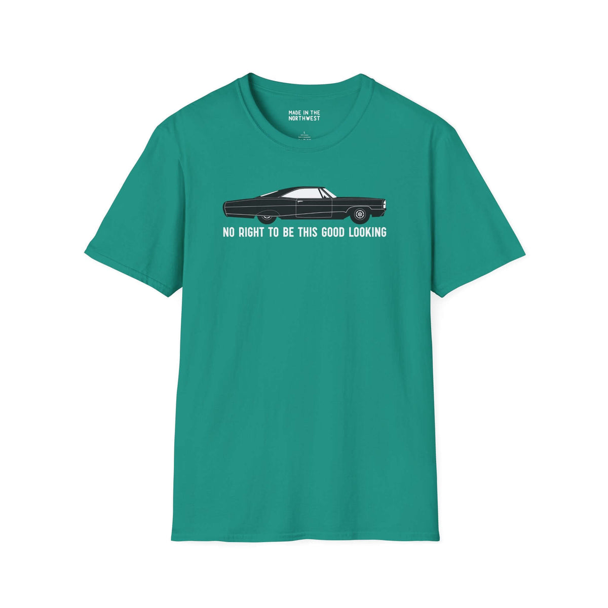 Teal No Right to Be This Good Looking T-Shirt featuring a 1965 Pontiac Bonneville Coupe graphic