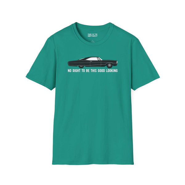 Teal No Right to Be This Good Looking T-Shirt featuring a 1965 Pontiac Bonneville Coupe graphic