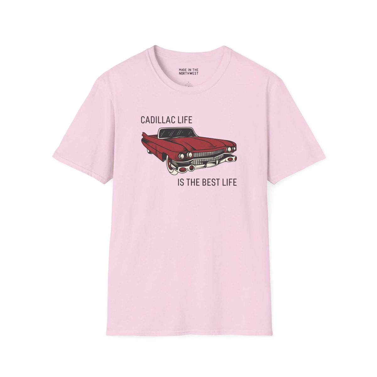 Cadillac Life is the Best Life softstyle t-shirt featuring iconic 1960 Series 62 graphic on a pink tee.