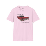 Cadillac Life is the Best Life softstyle t-shirt featuring iconic 1960 Series 62 graphic on a pink tee.