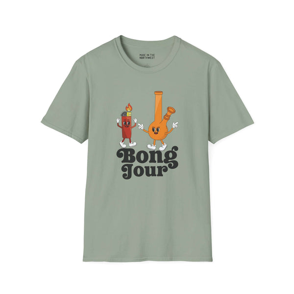 Bong Jour unisex softstyle t-shirt featuring playful cartoon bong and lighter design for cannabis lovers.