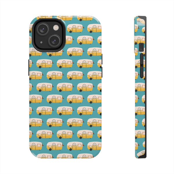 Happy Camper tough phone case with vintage camper design, ideal for adventure lovers and road trip enthusiasts.