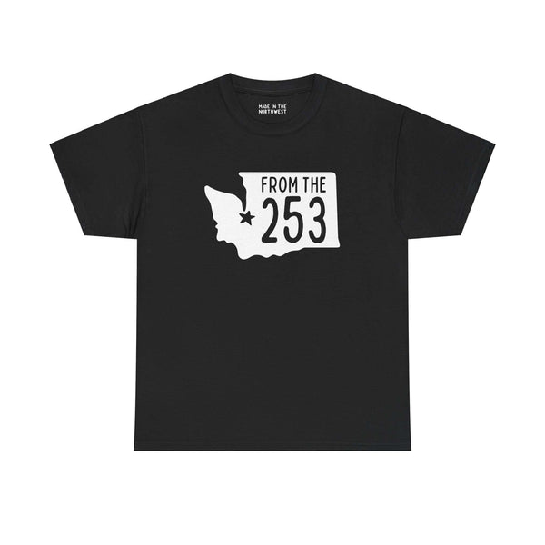 Black "From the 253" tee featuring Washington state silhouette with Tacoma star, showcasing local pride and area code 253.