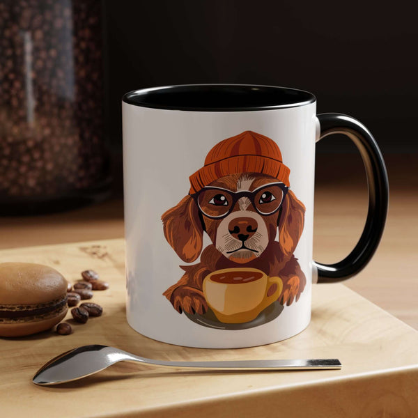 Hipster Dog Mug featuring a stylish dog in glasses and a beanie holding a cup of coffee on a wooden table.