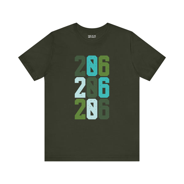 Two-Oh-Six Pop Premium Soft Tee featuring vibrant green colors and the stacked 206 design, perfect for Seattle fans.