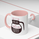 Love Smells Like Coffee Mug featuring playful design with hand-lettering and a retro coffee carafe.