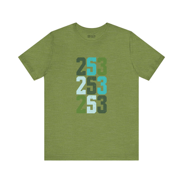 Two-Five-Three Premium Soft Tee in green featuring vibrant stacked numbers 2-5-3, celebrating Tacoma's colors.