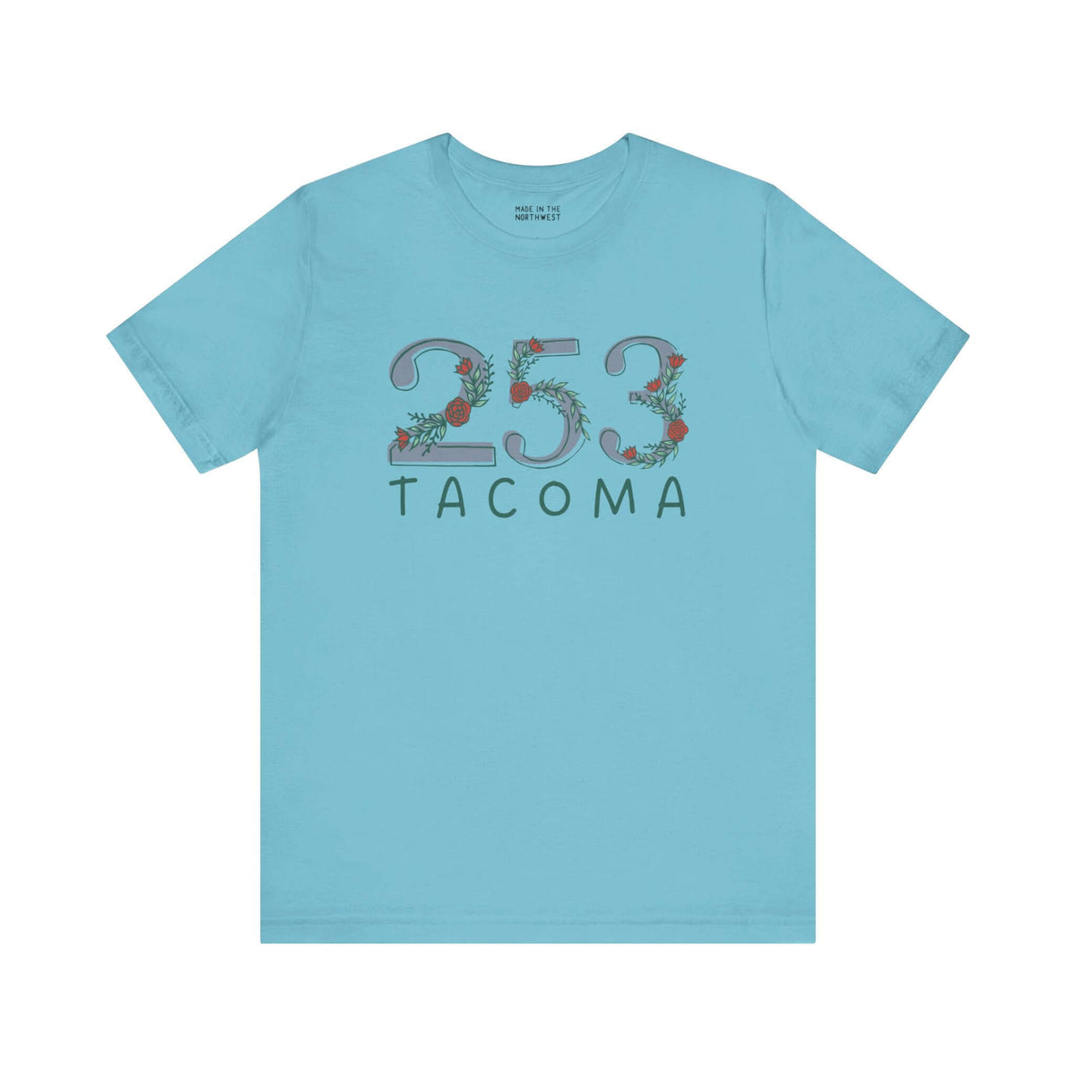 Light blue 253 Tacoma floral area code soft tee for women, showcasing Pacific Northwest pride with nature-inspired design.