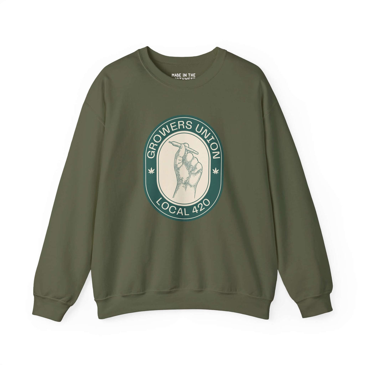 Grower's Union Local 420 sweatshirt in olive green with hand holding joint graphic, perfect for 420 culture enthusiasts.