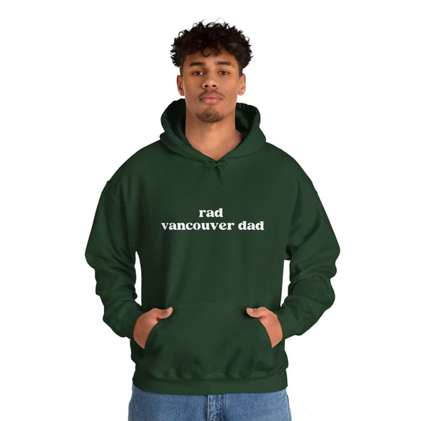Green Rad Vancouver Dad hoodie worn by a young man, perfect for casual outings and showcasing local pride.