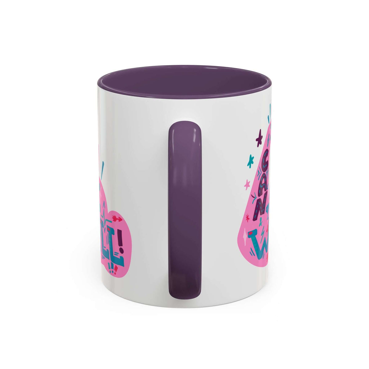 I Can I Will Mug featuring colorful graphics and a deep purple handle, perfect for everyday motivation.