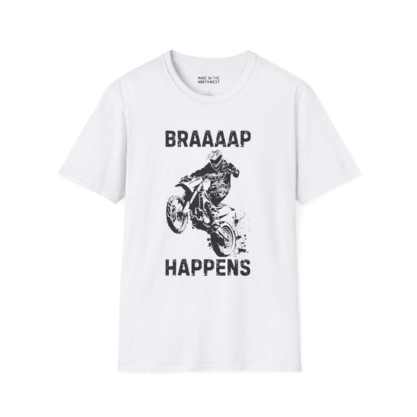Braaaap Happens motocross softstyle t-shirt featuring a rider on a dirt bike with dynamic design.