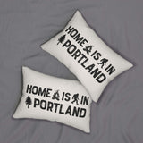 Home is in Portland Lumbar Accent Pillow with campfire and Bigfoot design on two cushions.