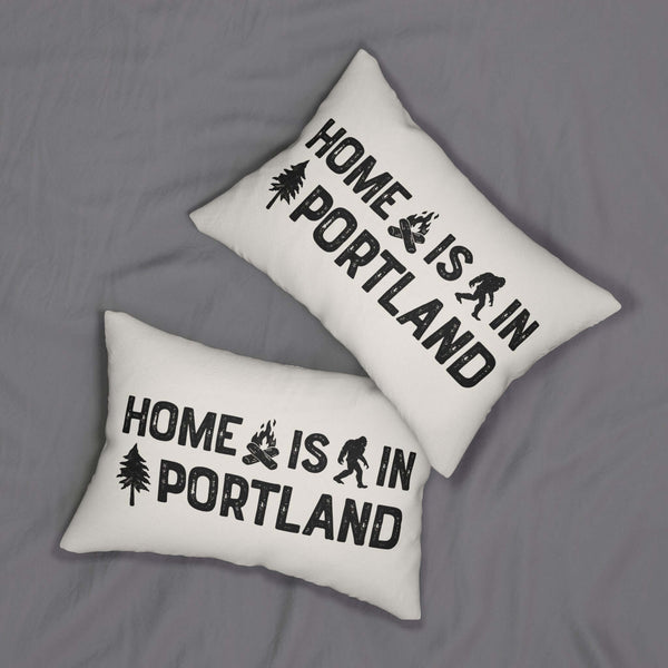 Home is in Portland Lumbar Accent Pillow with campfire and Bigfoot design on two cushions.