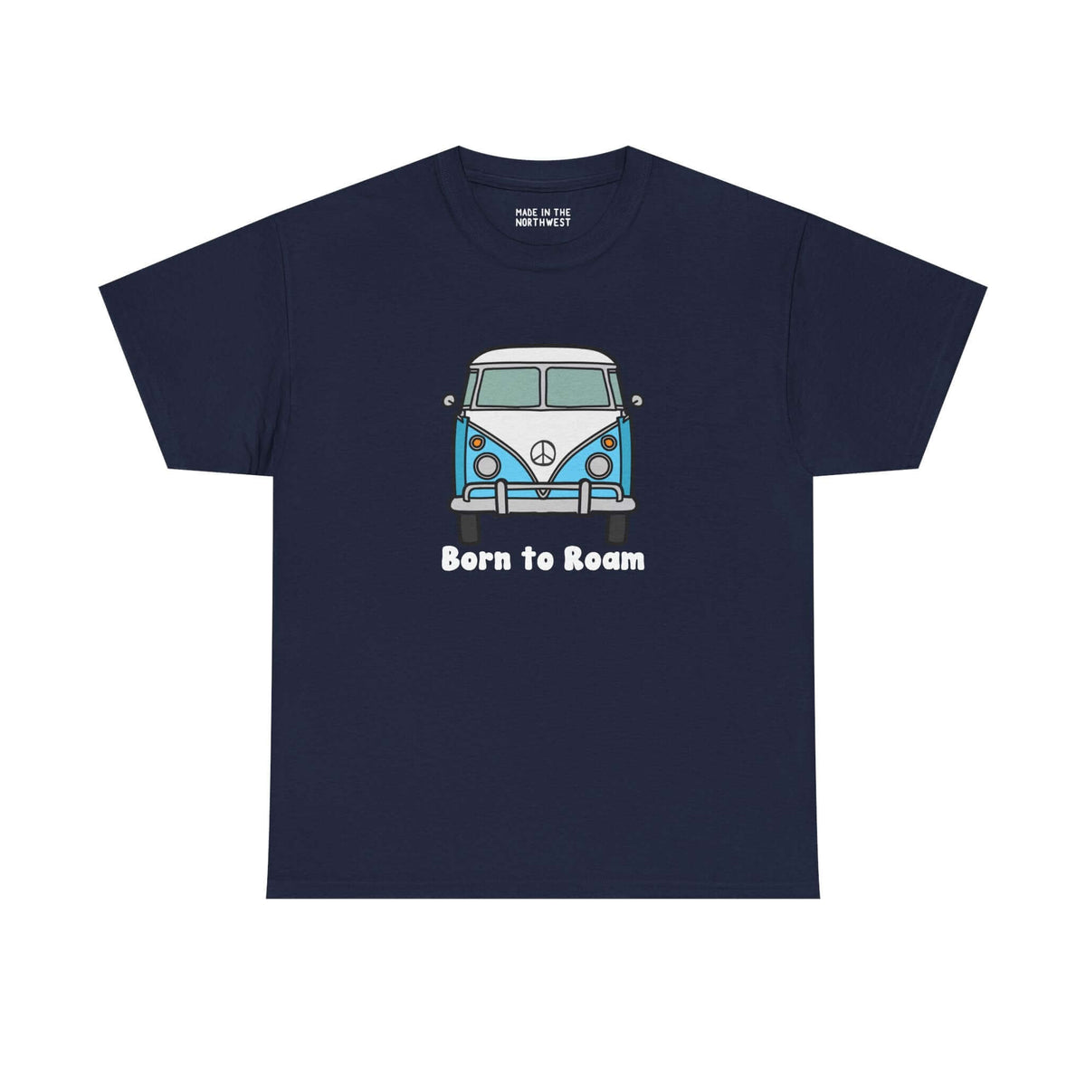 Navy Born to Roam tee featuring a classic vanagon bus and peace sign, perfect for wanderers and adventure lovers.