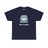 Navy Born to Roam tee featuring a classic vanagon bus and peace sign, perfect for wanderers and adventure lovers.