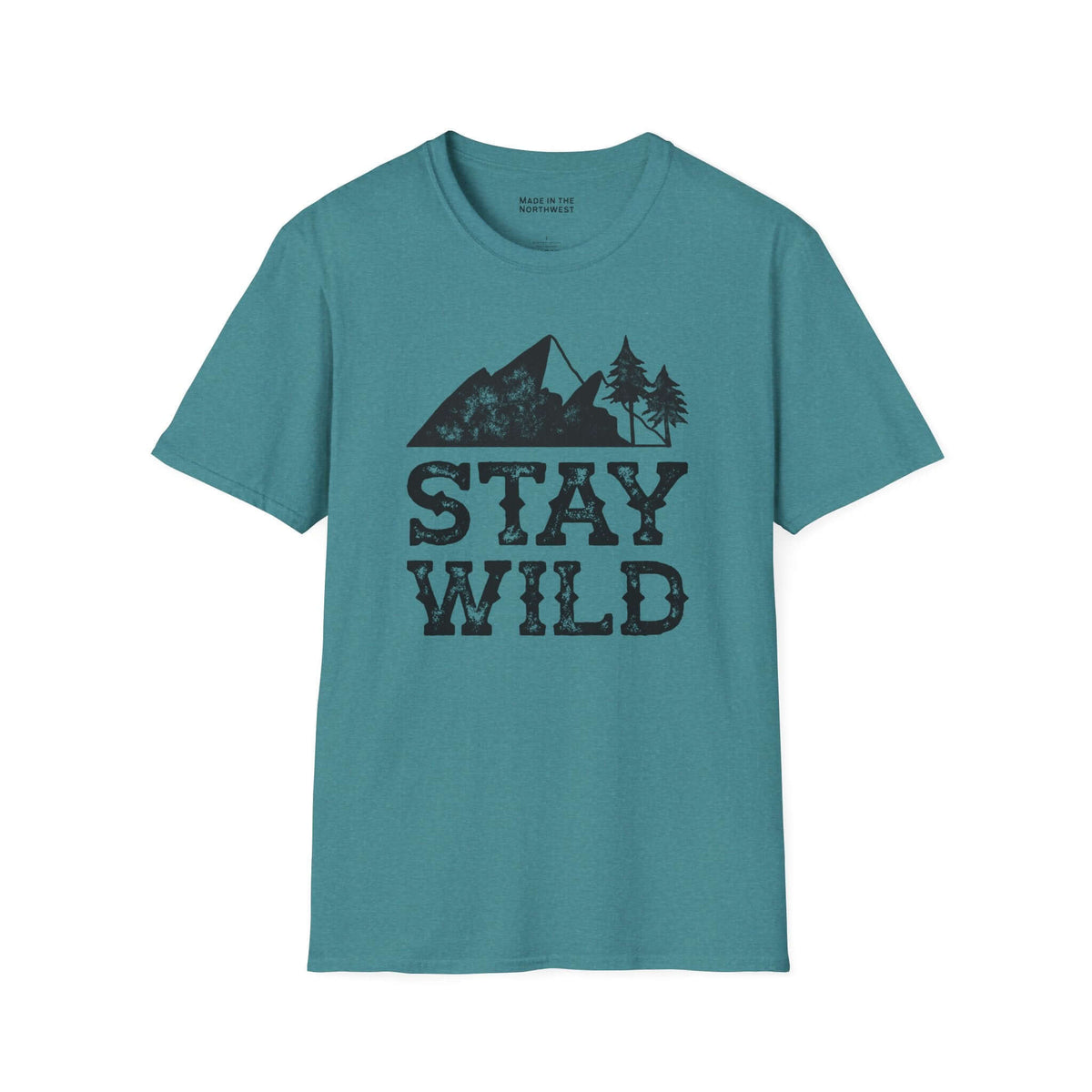 Stay Wild T Shirt – Distressed Mountain Outdoor Tee in teal color featuring a nature-inspired design.