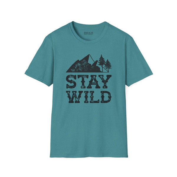 Stay Wild T Shirt – Distressed Mountain Outdoor Tee in teal color featuring a nature-inspired design.