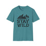 Stay Wild T Shirt – Distressed Mountain Outdoor Tee in teal color featuring a nature-inspired design.