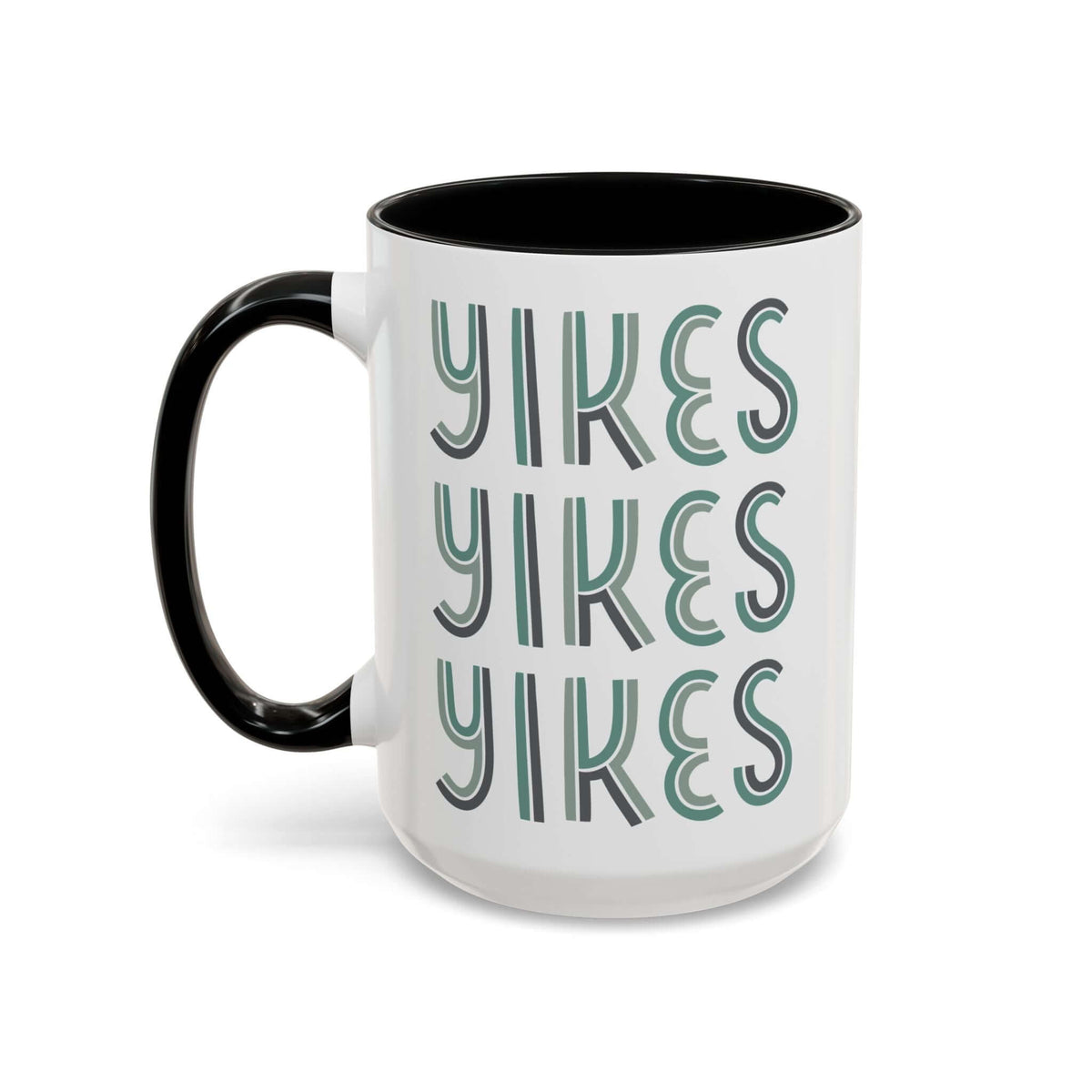 Retro Yikes Coffee Mug with a playful YIKES design and a black handle, perfect for a cheerful morning coffee.