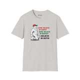 Believe in Santa and Bigfoot tee featuring a cheerful Bigfoot in a Santa hat with humorous text.