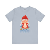 Grey tee with a cute female gnome graphic and the text 'Gnomebody Puts Baby in the Corner,' adding humor and charm to your outfit.