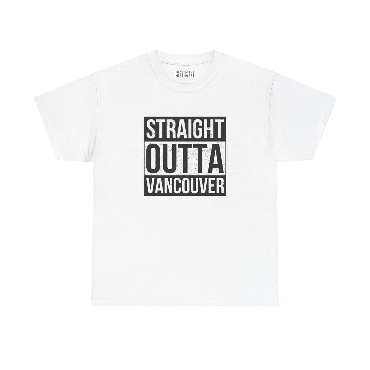 Straight Outta Vancouver athletic tee with bold black letters, showcasing local pride and urban streetwear style.