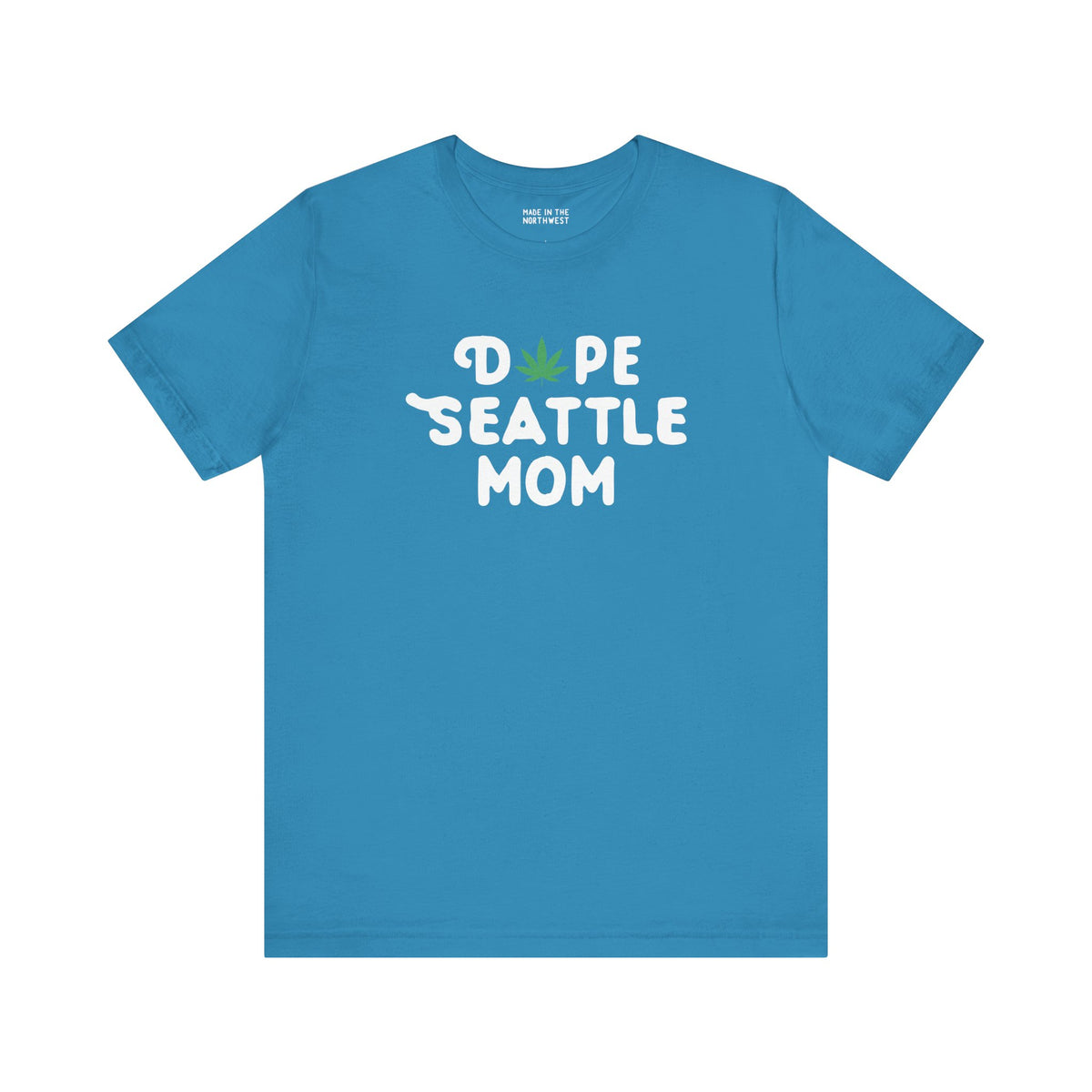 Dope Seattle Mom premium soft tee in teal with playful marijuana leaf design, perfect for cool Seattle moms.
