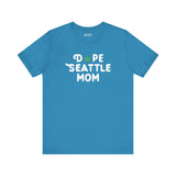 Dope Seattle Mom premium soft tee in teal with playful marijuana leaf design, perfect for cool Seattle moms.